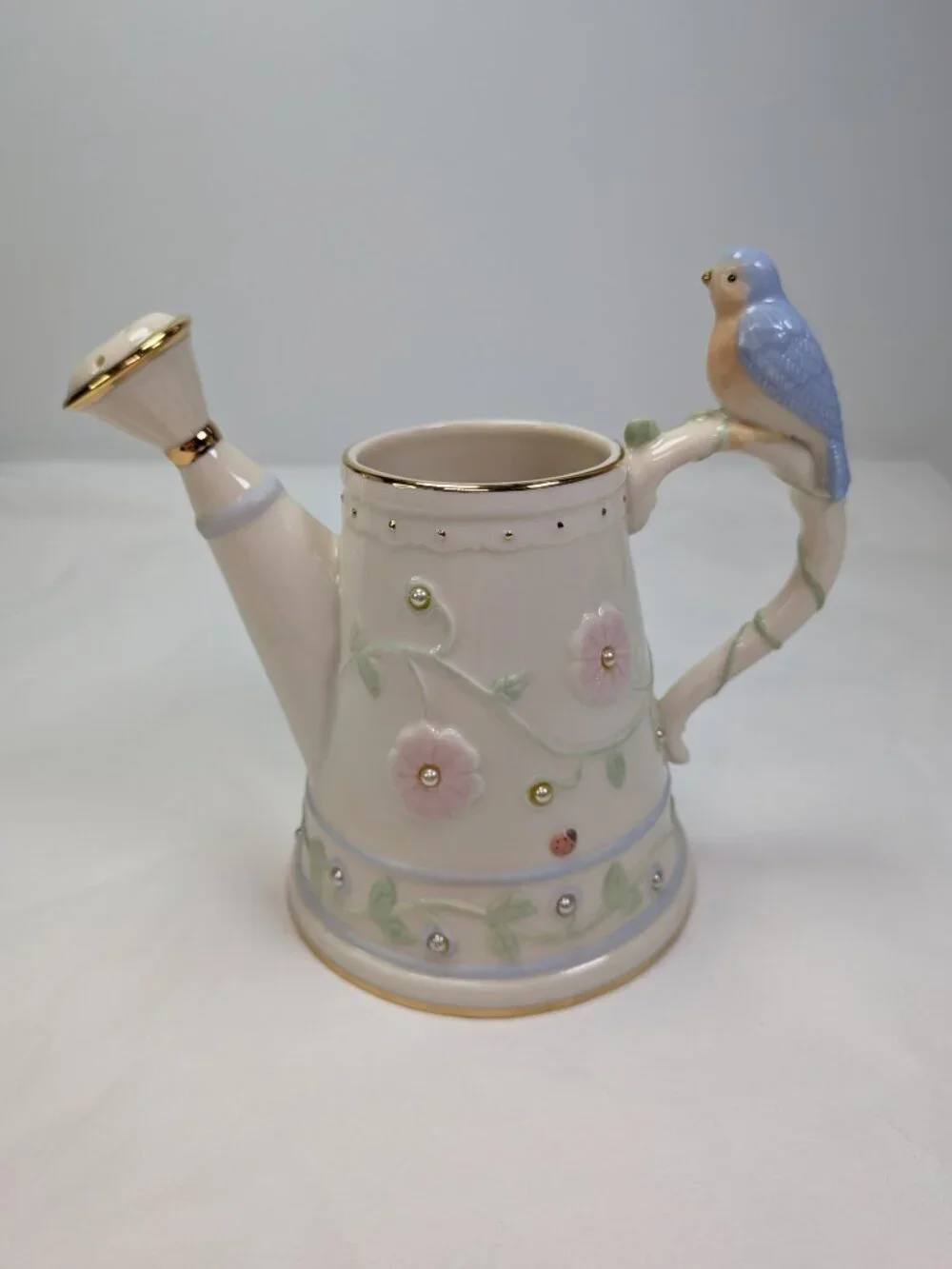 Lenox Porcelain Miniature Bird Watering Can Floral Pearl Glaze Gold Trim